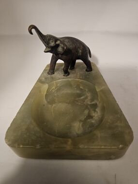 Antique Art Deco Green Marble/Onyx Ashtray With Brass Elephant Figurine
